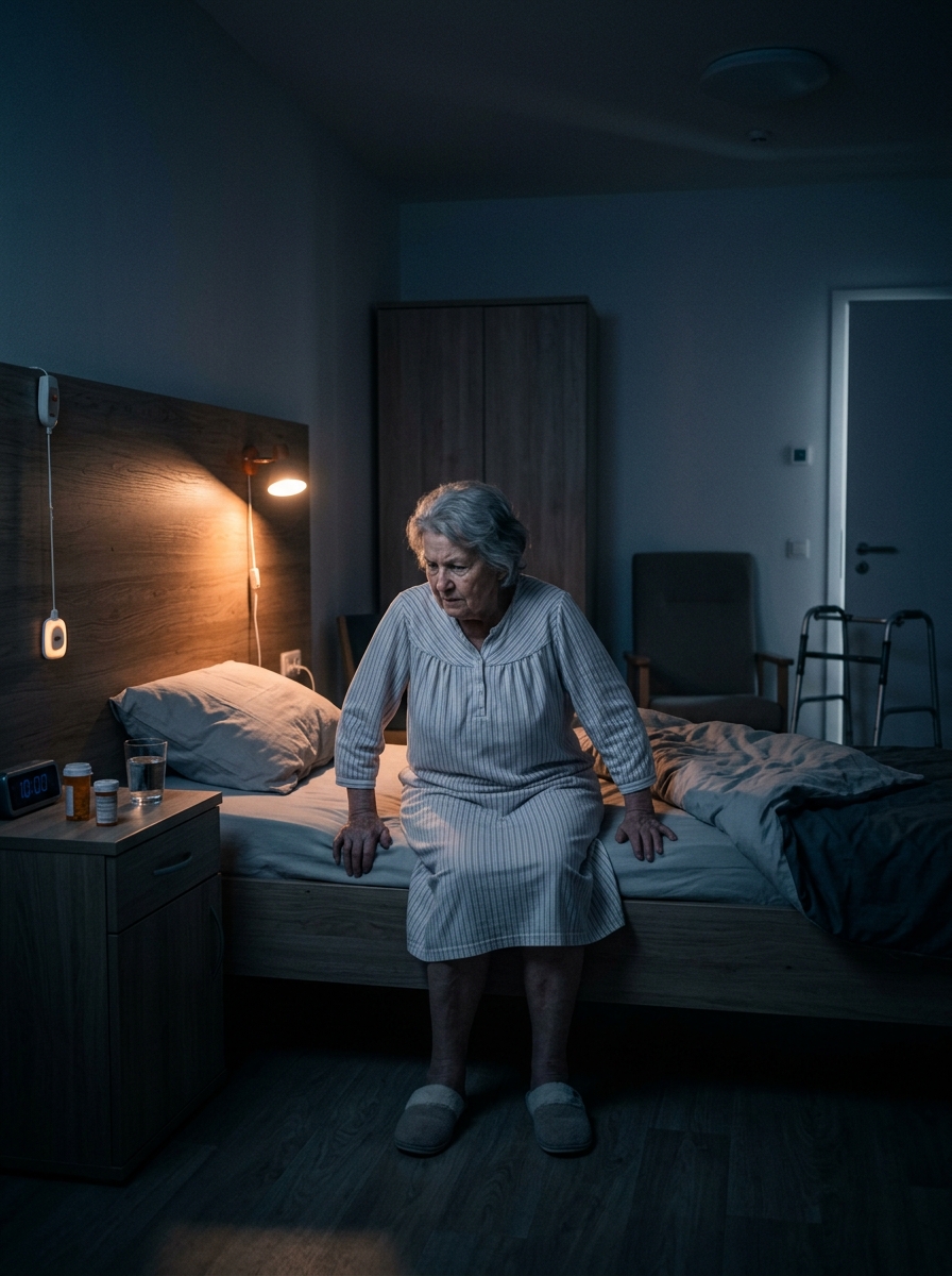 Ein älterer Mensch beim nächtlichen Aufstehen aus dem Pflegebett, eine typische Risikosituation