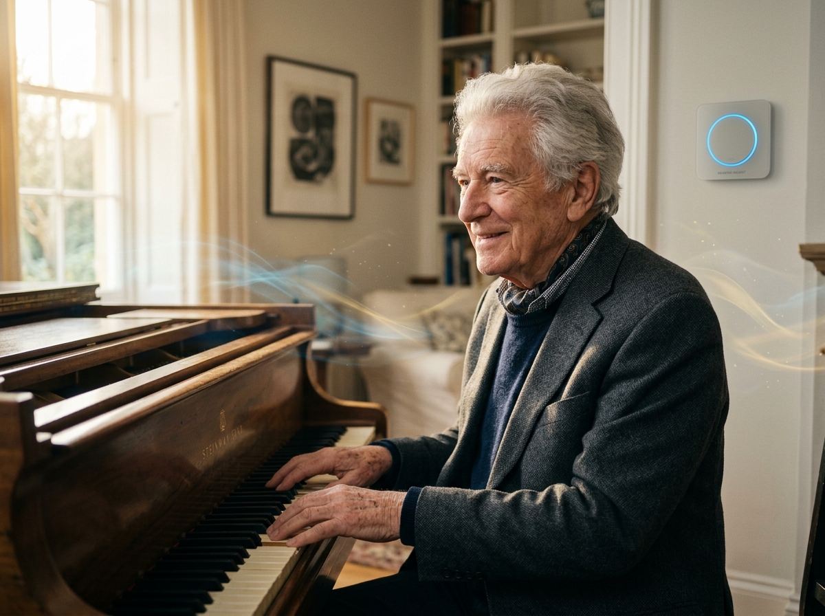 The Maestro in old age playing piano with AAISENSE Mozart sensor in background