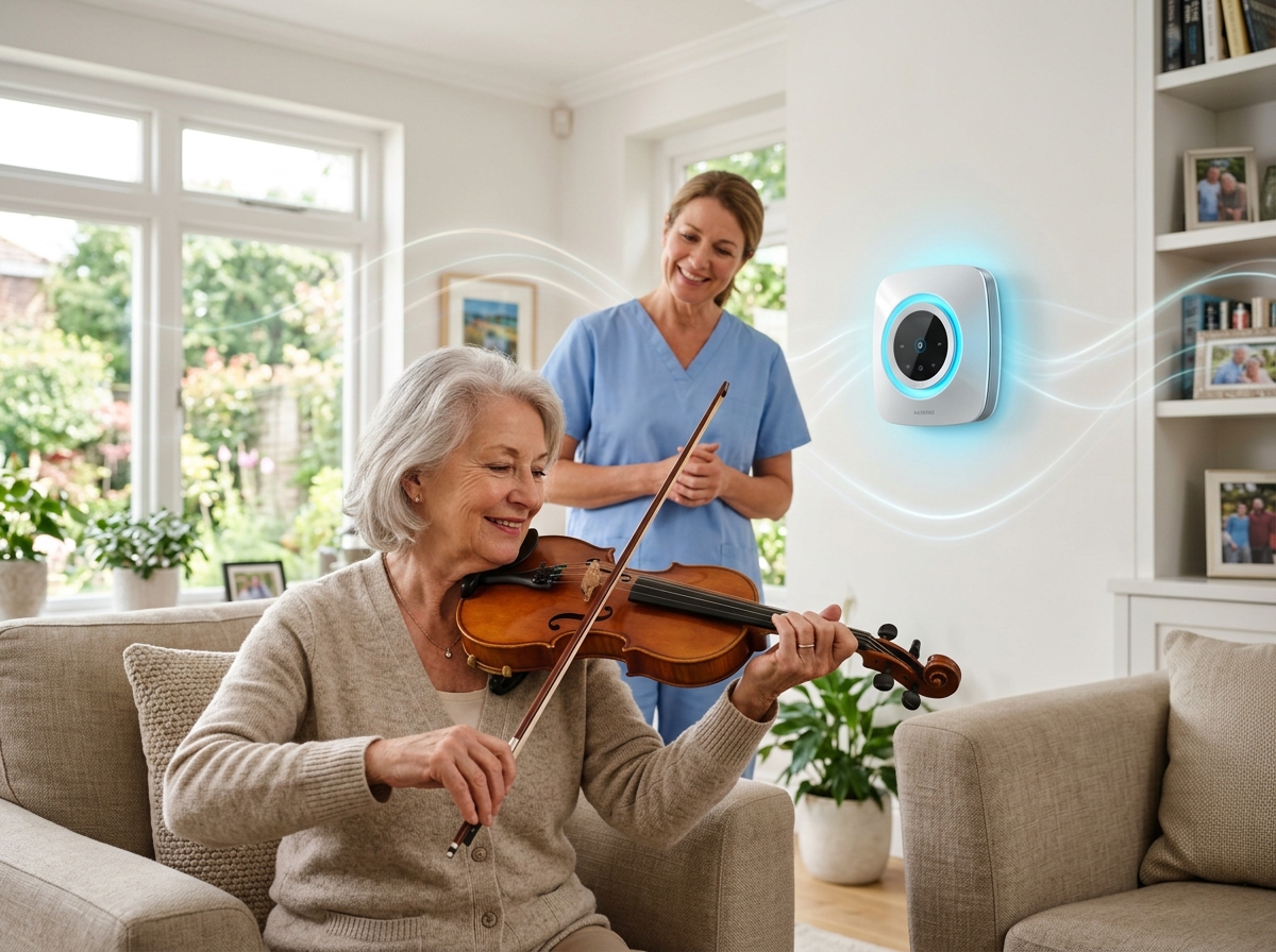 Elderly resident playing violin alongside a caring nurse with Mozart unit