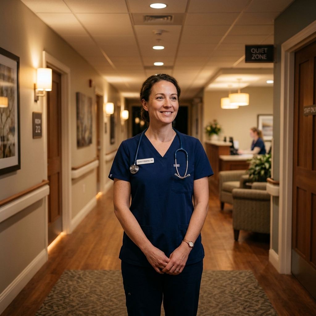 Relieved Night Shift Nurse in peaceful corridor